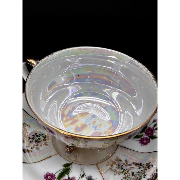 Vtg 3 Footed Teacup Saucer Pearlescent Irridescent Luster ware Floral Gold Trim - Picture 12 of 15